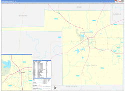 Tom Green County, TX Wall Map Zip Code Basic Style 2024